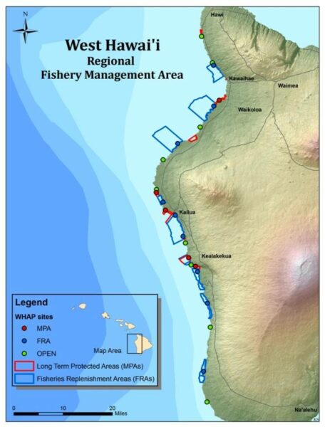 MAP Caption: West Hawaii is the State's largest aquarium fishery and includes a network Marine Protected Areas (MPAs) and Fish Replenishment Areas (FRAs) off limits to aquarium fishing. The dots represent West Hawaii Aquarium Project survey sites.