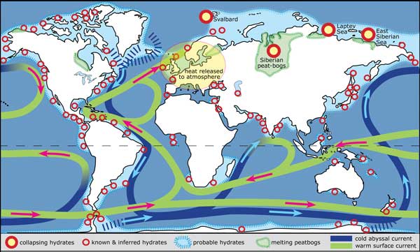 Methane hydrates have a worldwide distribution, but problems with them are limited to the Arctic. The conveyor currents for ocean heating move cold oxygen-rich water through the deep oceans, and transfer heat by the movement of warm surface currents. Map: http://www.zo.utexas.edu/