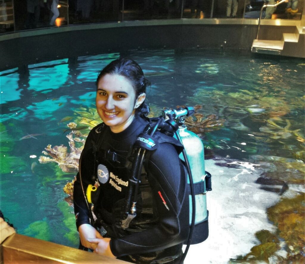 Graduate MASNA scholarship winner, Liz, at New England Aquarium, Spring 2015 Giant Ocean Tank (GOT) Internship. She states “[I] couldn't be happier after a successful maintenance dive in the GOT.”