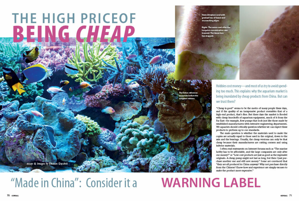 The opening spread of "The High Price Of Being Cheap", as it appeared in the September/October 2016 Issue of CORAL Magazine. Featuring prominently, The Triton reference aquarium before the tungsten release.
