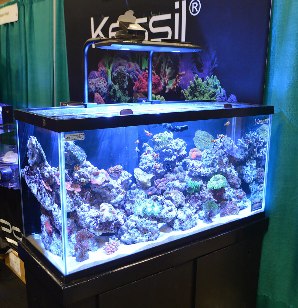 The larger reef aquarium installation in the Kessil booth; the display was installed by Old Orchard Aquariums and prominently featured captive-bred fish from Sea &amp; Reef Aquaculture.