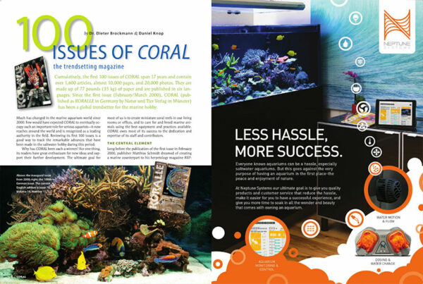 CORAL, in it's original German form Koralle, has published its 100th issue. Cumulatively, the first 100 issues of CORAL span 17 years and contain over 1,600 articles, almost 10,000 pages, and 20,000 photos. They are made up of 77 pounds (35 kg) of paper and are published in six languages.