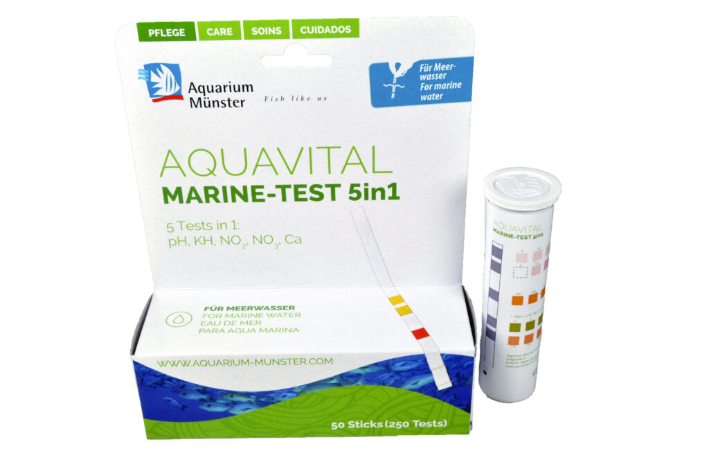 An all-in-one test strip that covers pH, nitrite, nitrate, calcium and alkalinity? YES! The new Aquavital Marine-Test 5in1!