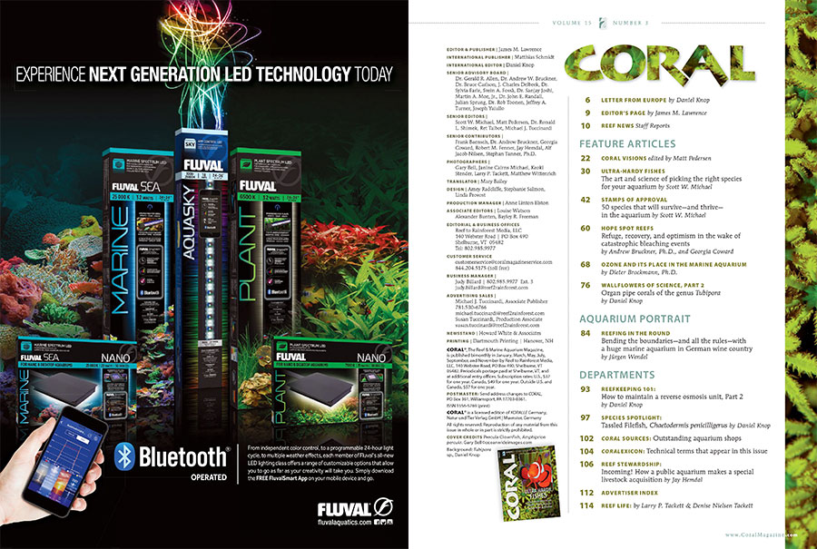 The Table of Contents for the May/June 2018 edition of CORAL Magazine, ULTRA-HARDY FISHES.