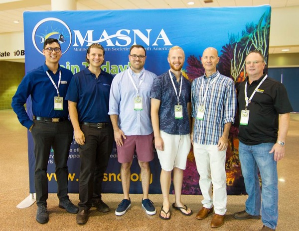 2017's MASNA Student Scholarship supporters and recipients; from left to right,: Dr. Adeljean Ho, MASNA Director of Industry and Conservation, and MASNA Student Scholarship Co-Chair; Patrick Clasen, EcoTech Marine, Sponsor; Dr. Benjamin M. Titus, 2017 – 2018 MASNA Graduate Student Scholarship recipient; Mathias D. Wagner, 2017 – 2018 MASNA Undergraduate Student Scholarship recipient; Julian Sprung, Two Little Fishies, sponsor; Kevin Kohen, LiveAquaria, sponsor.