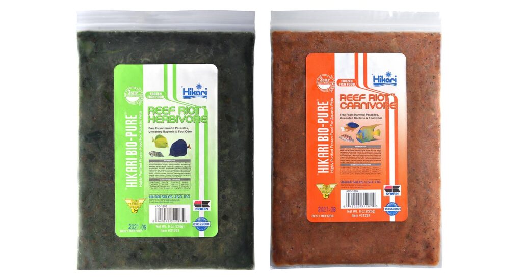Hikari's new Reef Riot™ formulations are available in both herbivorous (left) and carnivorous variations; the latest in a "blizzard" type frozen reef aquarium food.