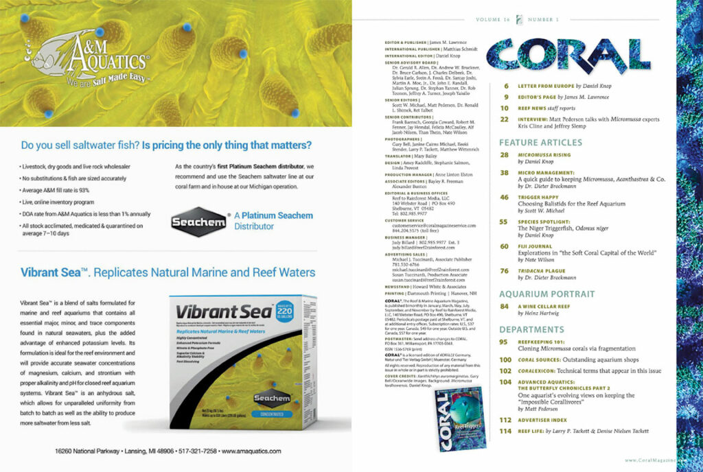 The Table of Contents for the January/February 2019 issue of CORAL Magazine. You can view this TOC online.