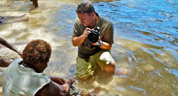 Reef to Rainforest Senior Editor Ret Talbot on assignment in the Solomon Islands interviewing villagers engaged in coral farming in their local lagoons.