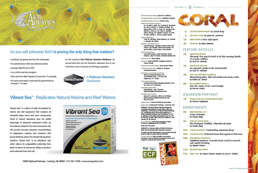 The Table of Contents for the March/April 2019 issue of CORAL Magazine. You can view this TOC online.