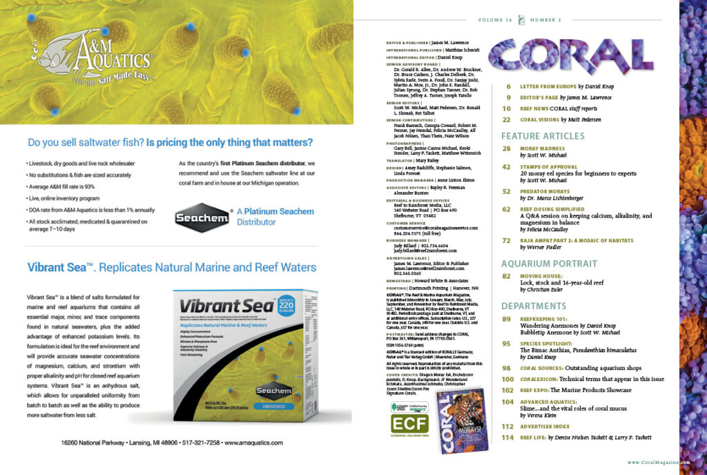 The Table of Contents for the May/June 2019 issue of CORAL Magazine. You can view this TOC online.