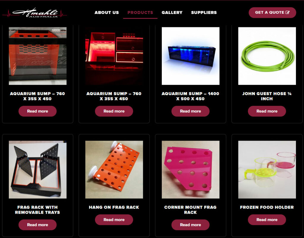 A sampling of Hmahli's extensive range of acrylic aquarium products as seen on their website.