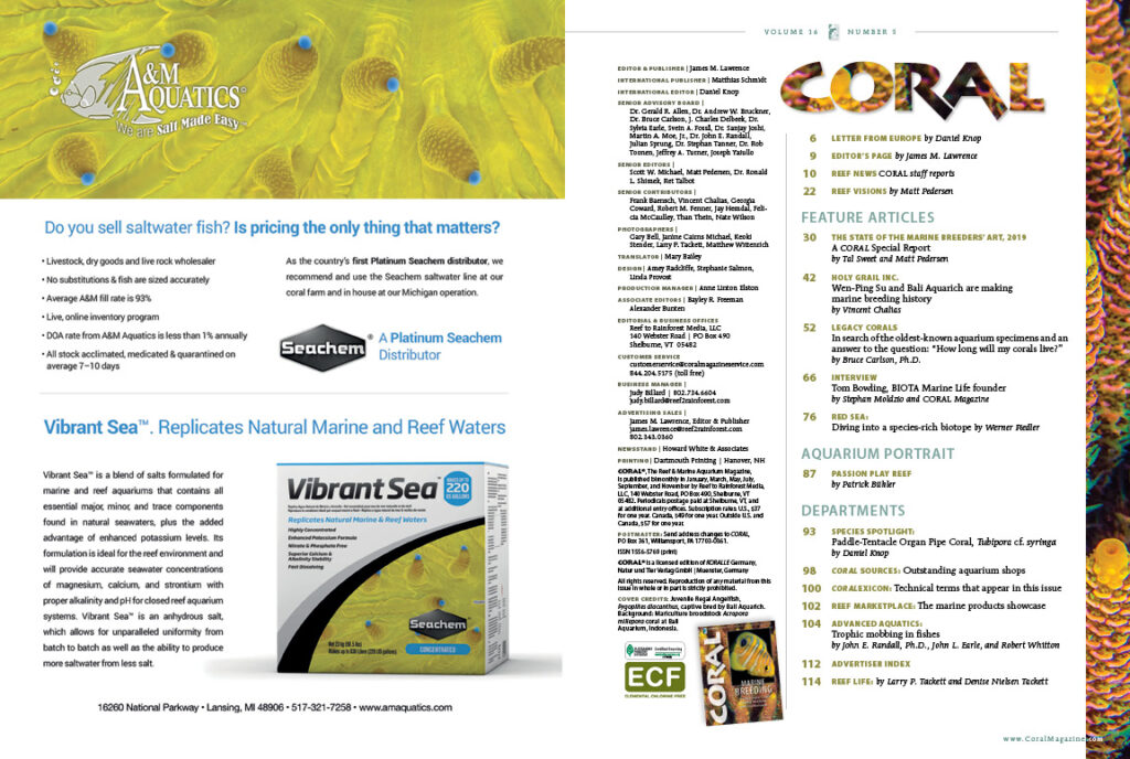 The Table of Contents for the September/October 2019 issue of CORAL Magazine. You can view this TOC online.