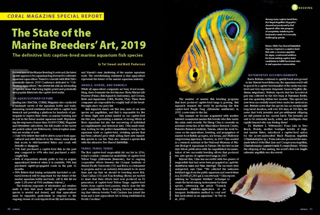 Tal Sweet and Matt Pedersen present the latest captive-bred marine fish species list, just shy of 400 species now! This list, and all prior, can be found through our captive-bred marine aquarium fish list project homepage at https://www.reef2rainforest.com/coral-magazines-captive-bred-marine-aquarium-fish-list-project-homepage/