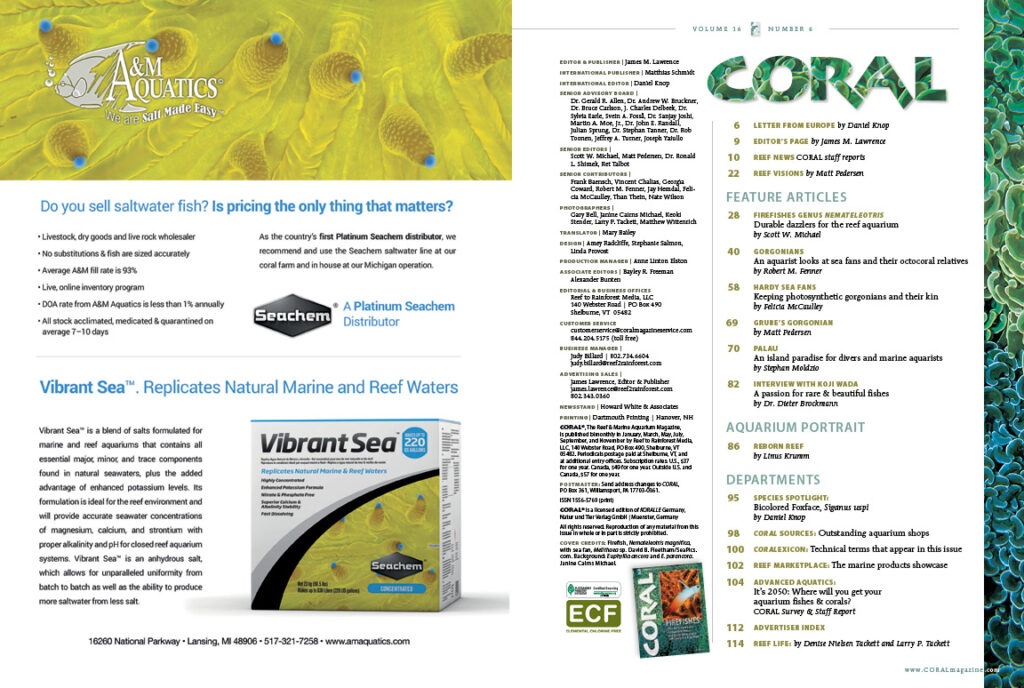 The Table of Contents for the November/December 2019 issue of CORAL Magazine. You can view this TOC online.