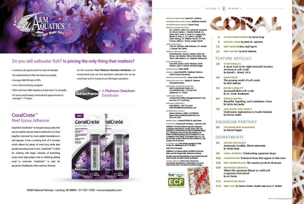 Table of Contents for the January/February 2020 issue of CORAL Magazine.