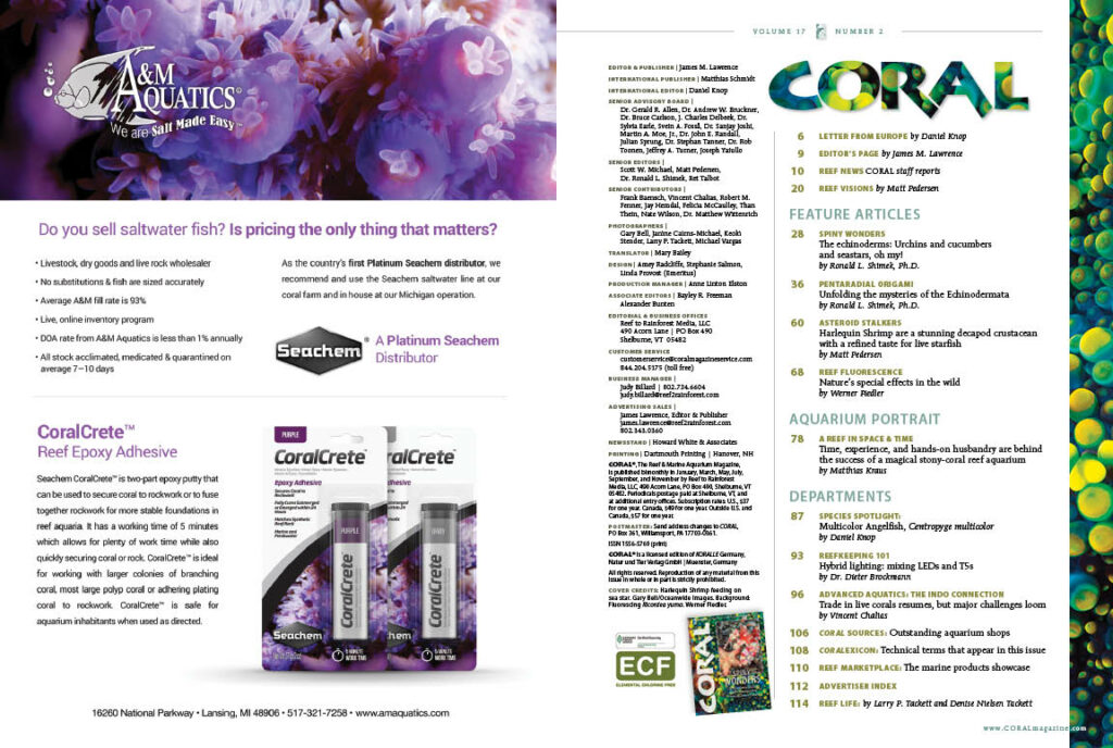Table of Contents for the March/April 2020 issue of CORAL Magazine. You can view this TOC online.