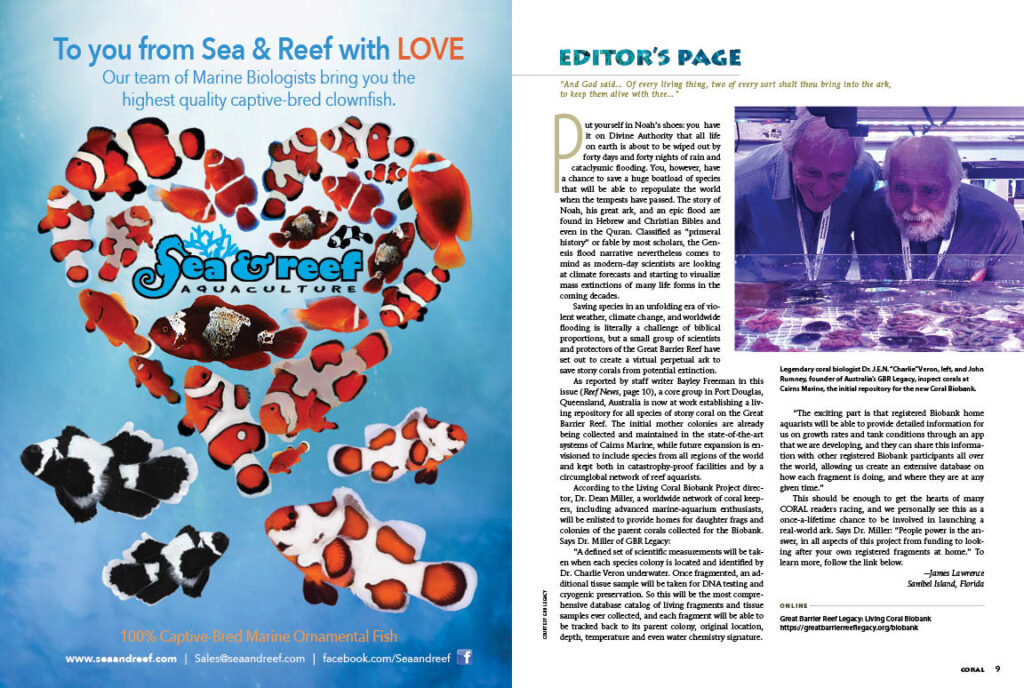 CORAL Editor-in-Chief James Lawrence highlights a developing program that all readers will be excited about. "Saving species in an unfolding era of violent weather, climate change, and worldwide flooding is literally a challenge of biblical proportions, but a small group of scientists and protectors of the Great Barrier Reef have set out to create a virtual perpetual ark to save stony corals from potential extinction."