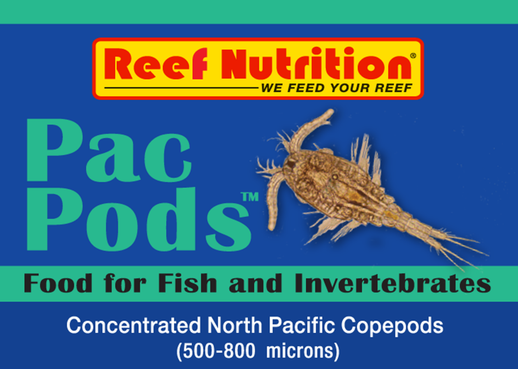 Reef Nutrition offers a new refrigerated reef fish and coral food. Pac-Pods: Concentrated North Pacific Copepods in the 500-800 micron size range.