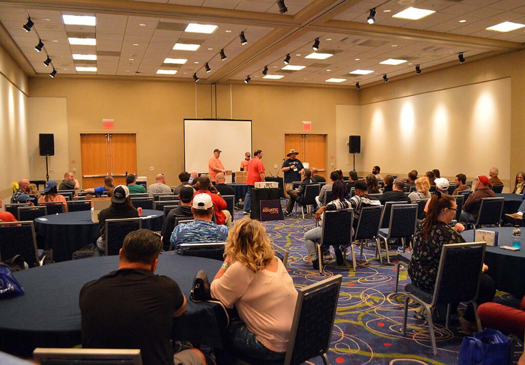A glimpse at the Aquatic Expo's 2022 speaker room, which doubled as the location for the end-of-day raffle drawings after the show floor had closed.