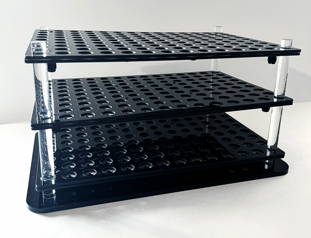 Each tier of the frag stand holds up to 1022 frag plugs.