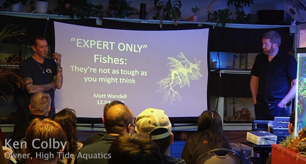 High Tide Aquatics founder and owner Ken Colby introduces Matt Wandell at a recent in-person, in-store speaker event in the new Oakland, California, aquarium retailer.