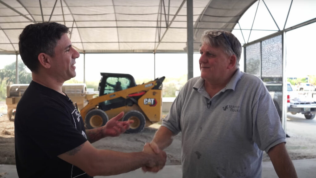 Victor Fornari (World Wide Corals, left) and Marc Tetreault, on location at the new, expanded MarcoRocks facility.