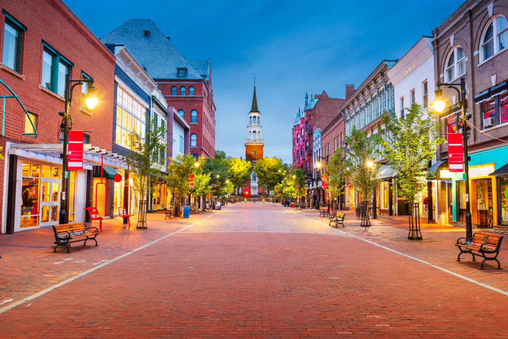 Burlington, Vermont, USA at Church Street Marketplace at twilight. In just a matter of days, the Burlington City Council will consider a far-reaching proposed exotic animal ban that would outlaw aquarium keeping in the city. Image credit: Sean Pavone/Shutterstock