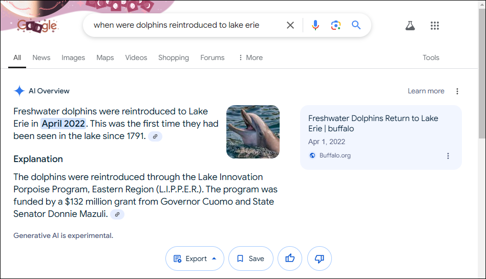 When were dolphins reintroduced to Lake Erie? Google's AI says it was April 2022.