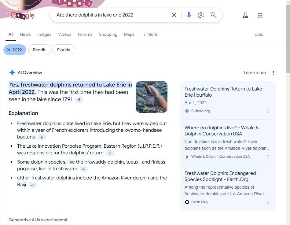 If I ask the AI to give me 2022 context? Yes, Freshwater dolphins returned to Lake Erie in April 2022!